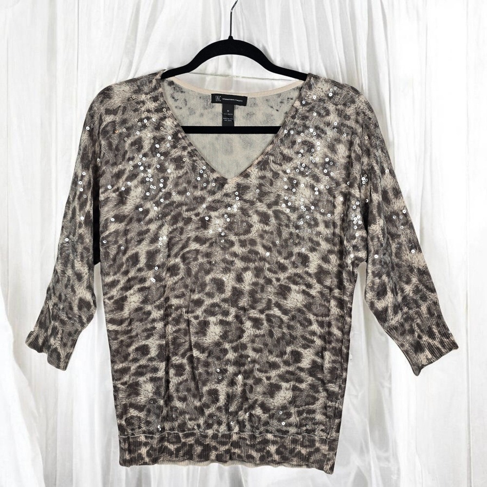 INC International Concepts Knit Top Women Medium Leopard Print Sequin V Neck NWT